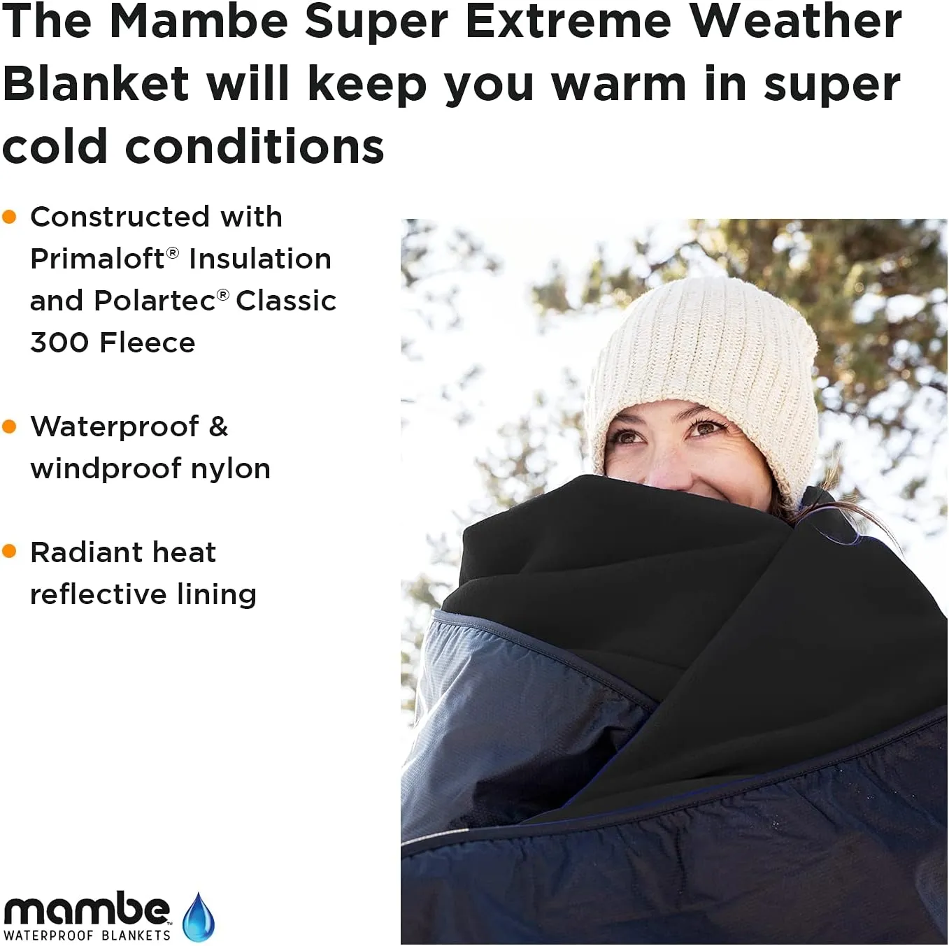 Mambe Super Extreme Weather Outdoor Blanket - Black - 100% Waterproof & Windproof - Insulated Polarfleece Blanket for Activities Like Cold Weather Camping & Winter Sports, Machine Washable