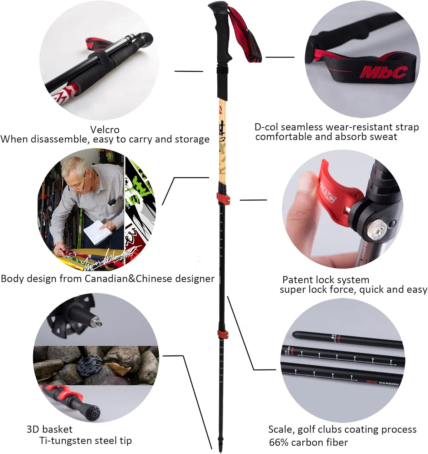 MBC CollapsibleTrekking Pole 66% Carbon Fiber Lightweight Aluminum Hiking Walking Camping Stick with Quick Lock System for Outdoor Sports