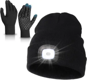 MELASA LED Beanie Cap with Light Winter Gloves Set for Men Women, USB Rechargeable Headlamp Knit Hats, Touchscreen Fleece Lined Warm Gloves, Gifts for Men Dad Husband