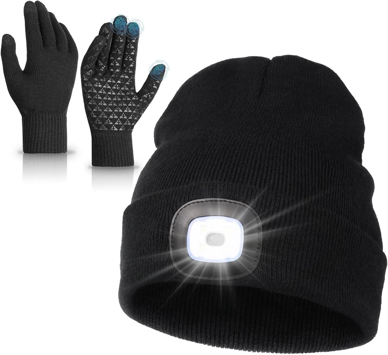 MELASA LED Beanie Cap with Light Winter Gloves Set for Men Women, USB Rechargeable Headlamp Knit Hats, Touchscreen Fleece Lined Warm Gloves, Gifts for Men Dad Husband