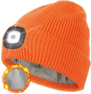 MELASA Winter Fleece Lined LED Beanie, USB Rechargeable Hand Free Warm Hat with Light Built in, Gifts for Men Dad Husband Him