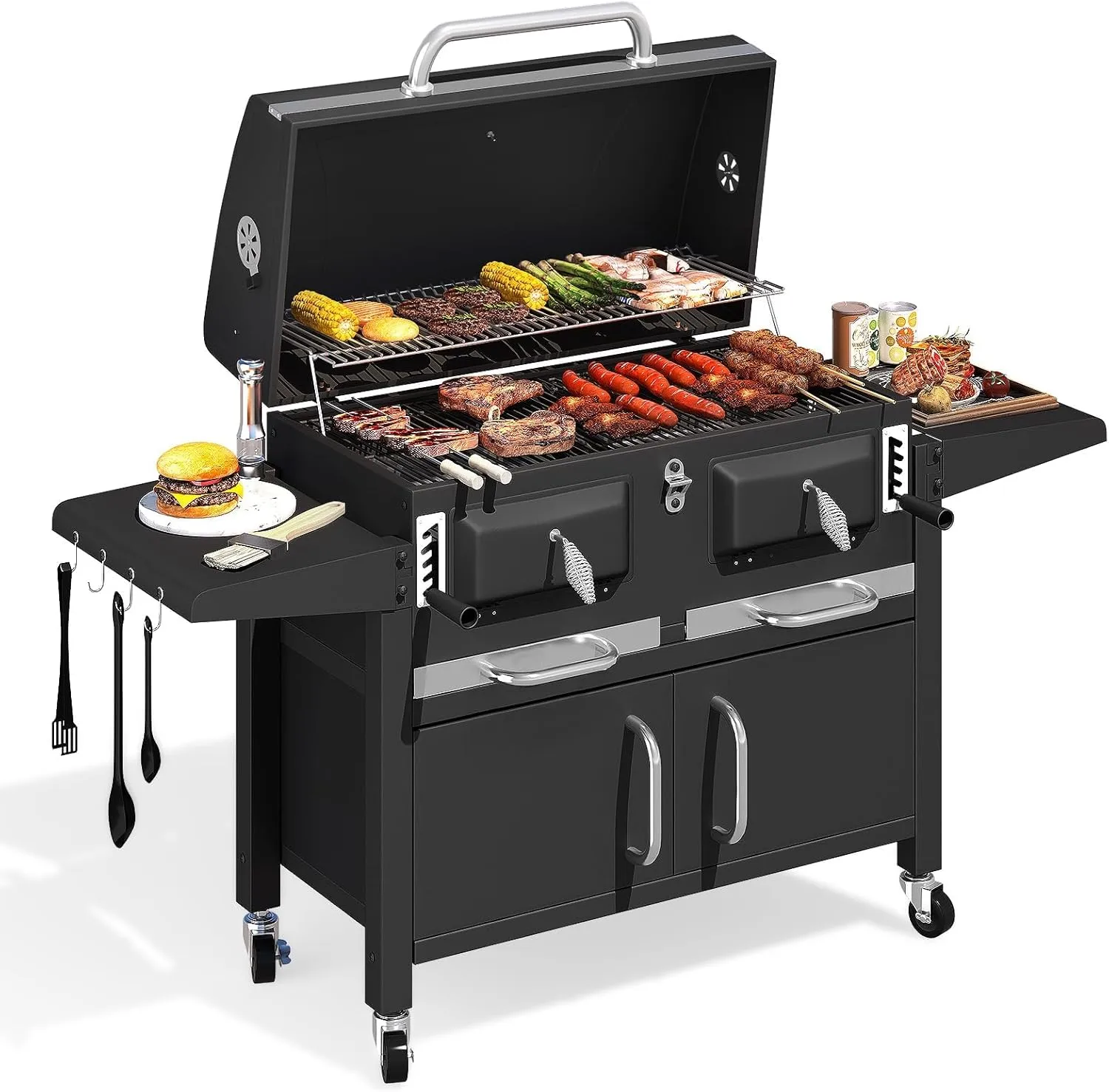 MELLCOM 36 In Extra Large Charcoal Grill -Oversized BBQ Area with Foldable Side Tables & Individual Lifting Charcoal Trays, Storage Cabinet and Thermometer for Outdoor