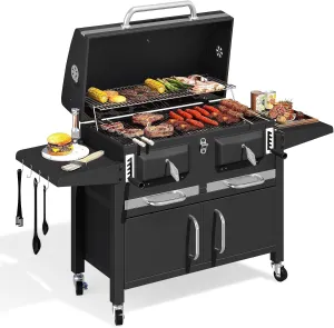 MELLCOM 36 In Extra Large Charcoal Grill -Oversized BBQ Area with Foldable Side Tables & Individual Lifting Charcoal Trays, Storage Cabinet and Thermometer for Outdoor