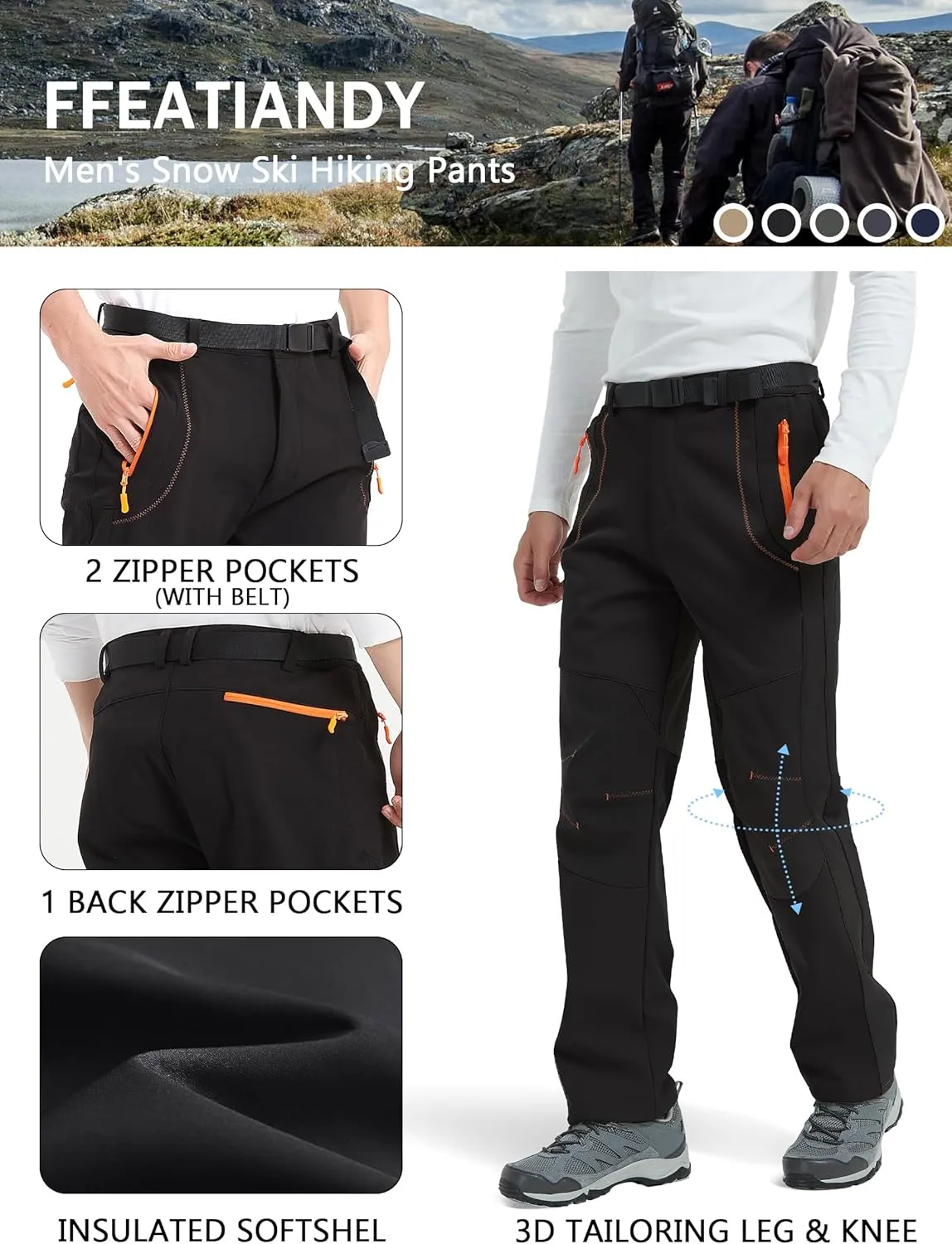 Men's Hiking Snow Ski Pants Softshell Fleece Lined Winter Water Repellent Outdoor Fishing Cargo Pants