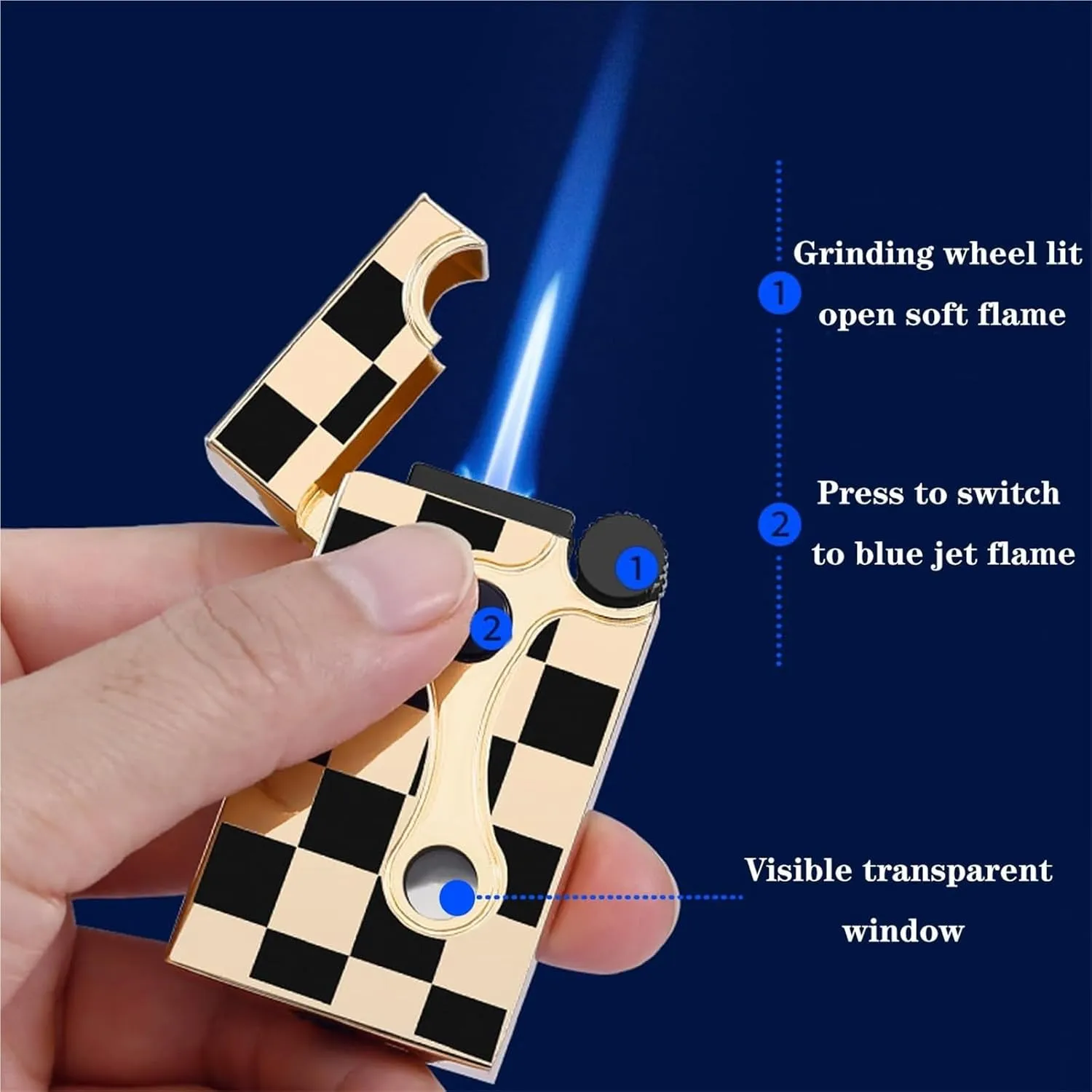 Metal Gas-Filled Butane Lighter with Clear Oil Window, Open Flame and Windproof Flame, Dual Flame Lighter, Suitable for Indoor and Outdoor use (Fuel not Included)(Black)