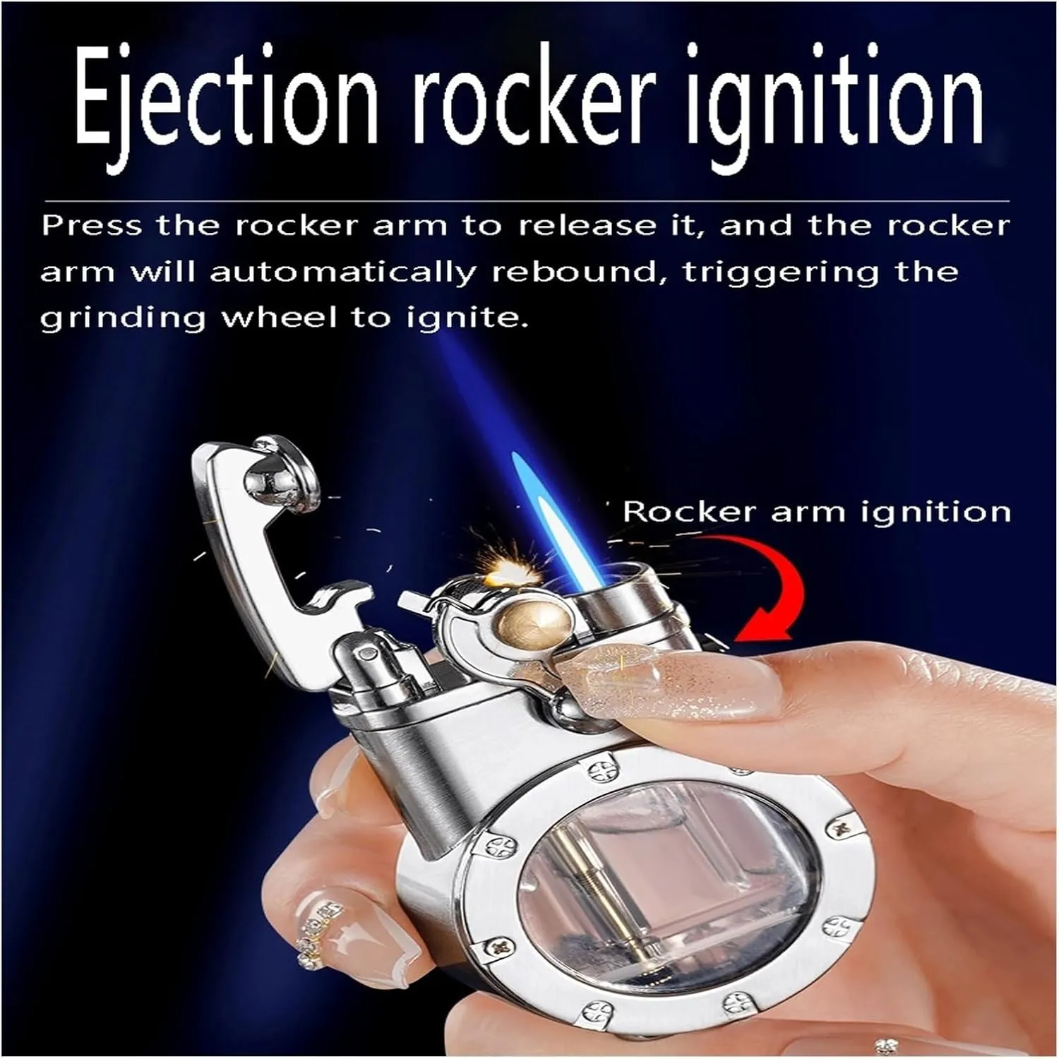 Metal rocker dual flame gas lighter, classic grinding wheel ignition, large capacity transparent fuel tank, refillable fuel and adjustable flame, suitable for camping trips (fuel not included)(Silver)