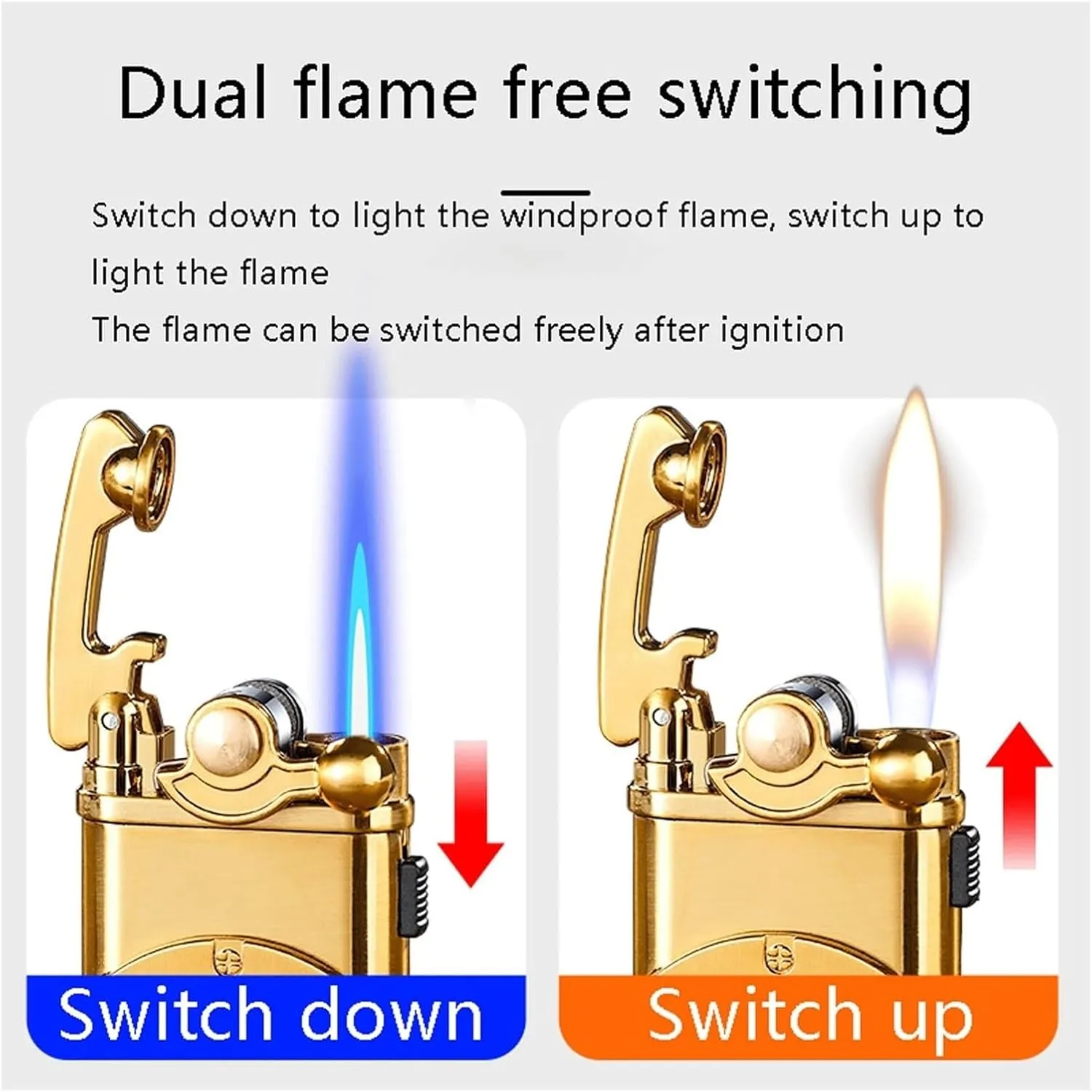 Metal rocker dual flame gas lighter, classic grinding wheel ignition, large capacity transparent fuel tank, refillable fuel and adjustable flame, suitable for camping trips (fuel not included)(Silver)