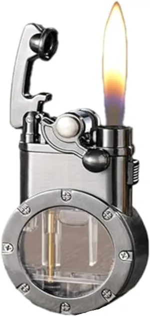 Metal rocker dual flame gas lighter, classic grinding wheel ignition, large capacity transparent fuel tank, refillable fuel and adjustable flame, suitable for camping trips (fuel not included)(Silver)