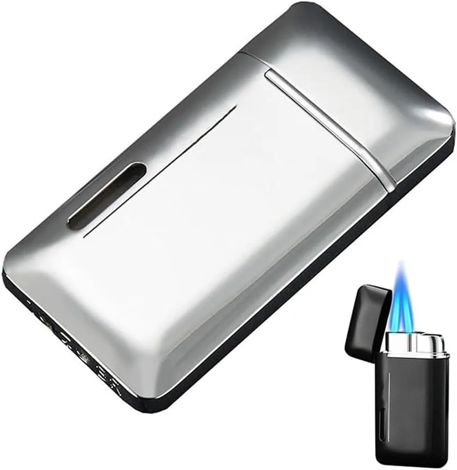 Metal Windproof Dual Straight Flame Lighter, Adjustable Rechargeable Butane Torch Lighter with Visible Gas Window for Charcoal Fire, Camping, Travel, Kitchen(Silver)
