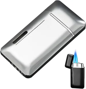 Metal Windproof Dual Straight Flame Lighter, Adjustable Rechargeable Butane Torch Lighter with Visible Gas Window for Charcoal Fire, Camping, Travel, Kitchen(Silver)