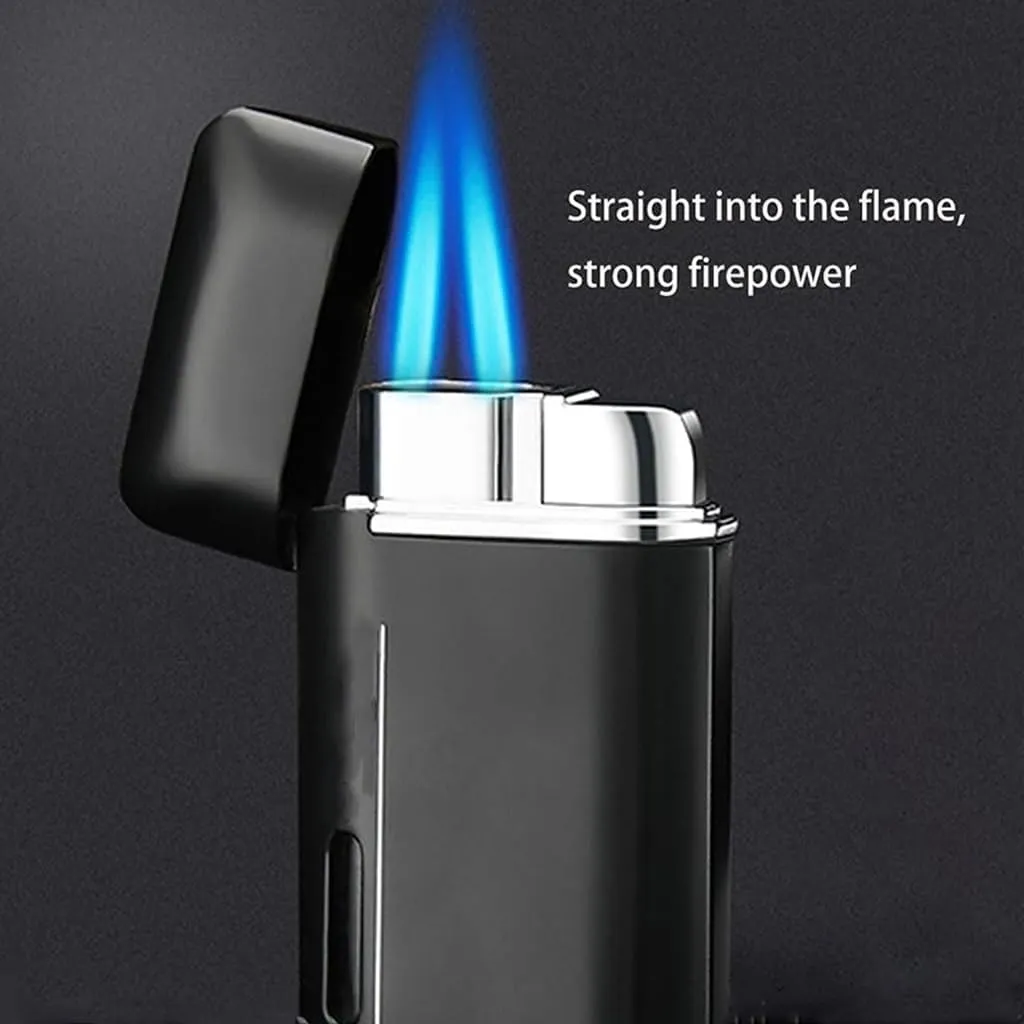 Metal Windproof Dual Straight Flame Lighter, Adjustable Rechargeable Butane Torch Lighter with Visible Gas Window for Charcoal Fire, Camping, Travel, Kitchen(Silver)