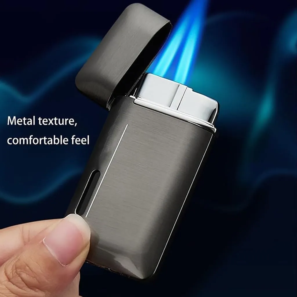 Metal Windproof Dual Straight Flame Lighter, Adjustable Rechargeable Butane Torch Lighter with Visible Gas Window for Charcoal Fire, Camping, Travel, Kitchen(Silver)