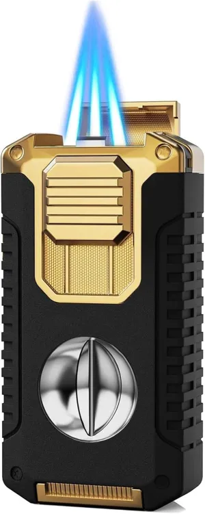 Metal Windproof Triple Flame Cigar Lighter, 5 in 1 Windproof Butane Lighter, Transparent Visible air Chamber, Suitable for Barbecue, Outdoor, Men's Gift(A)