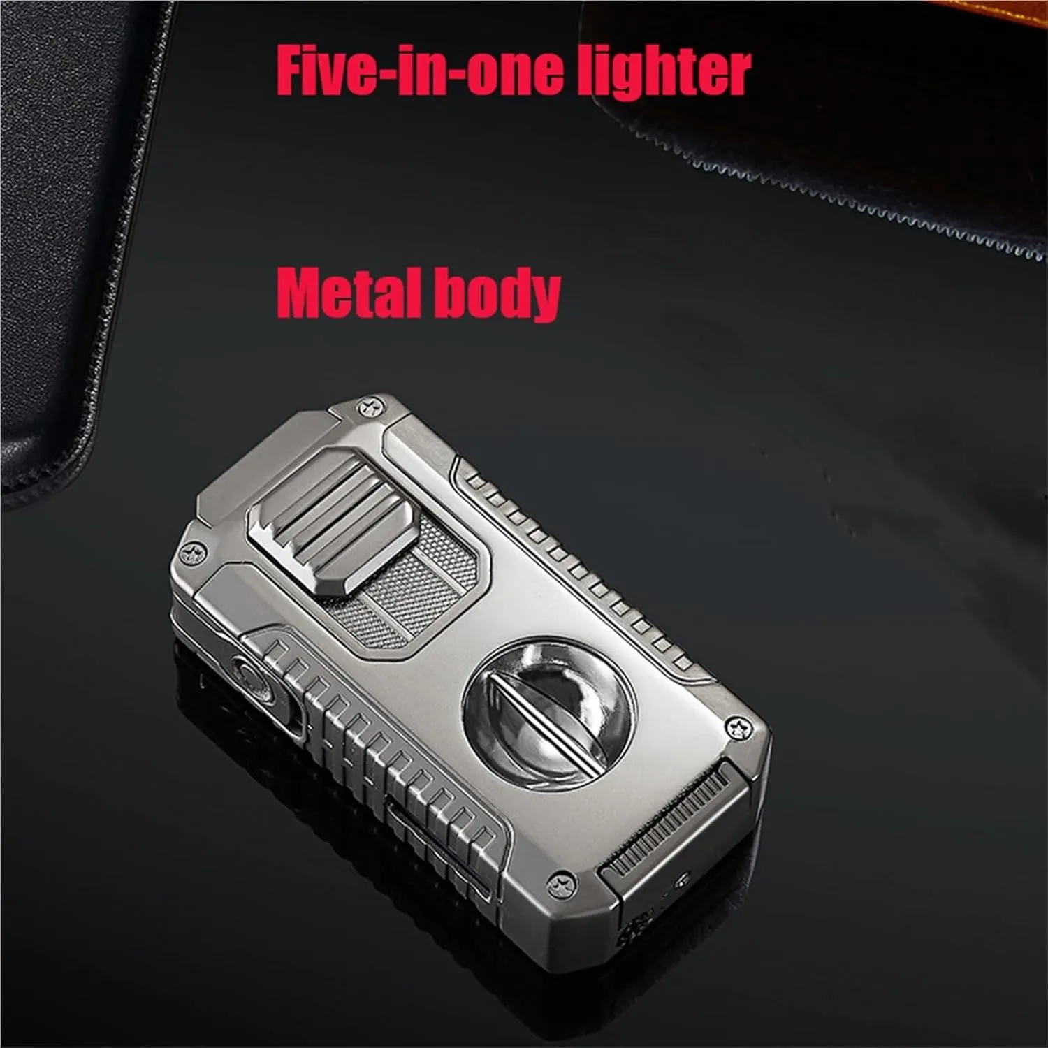 Metal Windproof Triple Flame Cigar Lighter, 5 in 1 Windproof Butane Lighter, Transparent Visible air Chamber, Suitable for Barbecue, Outdoor, Men's Gift(A)