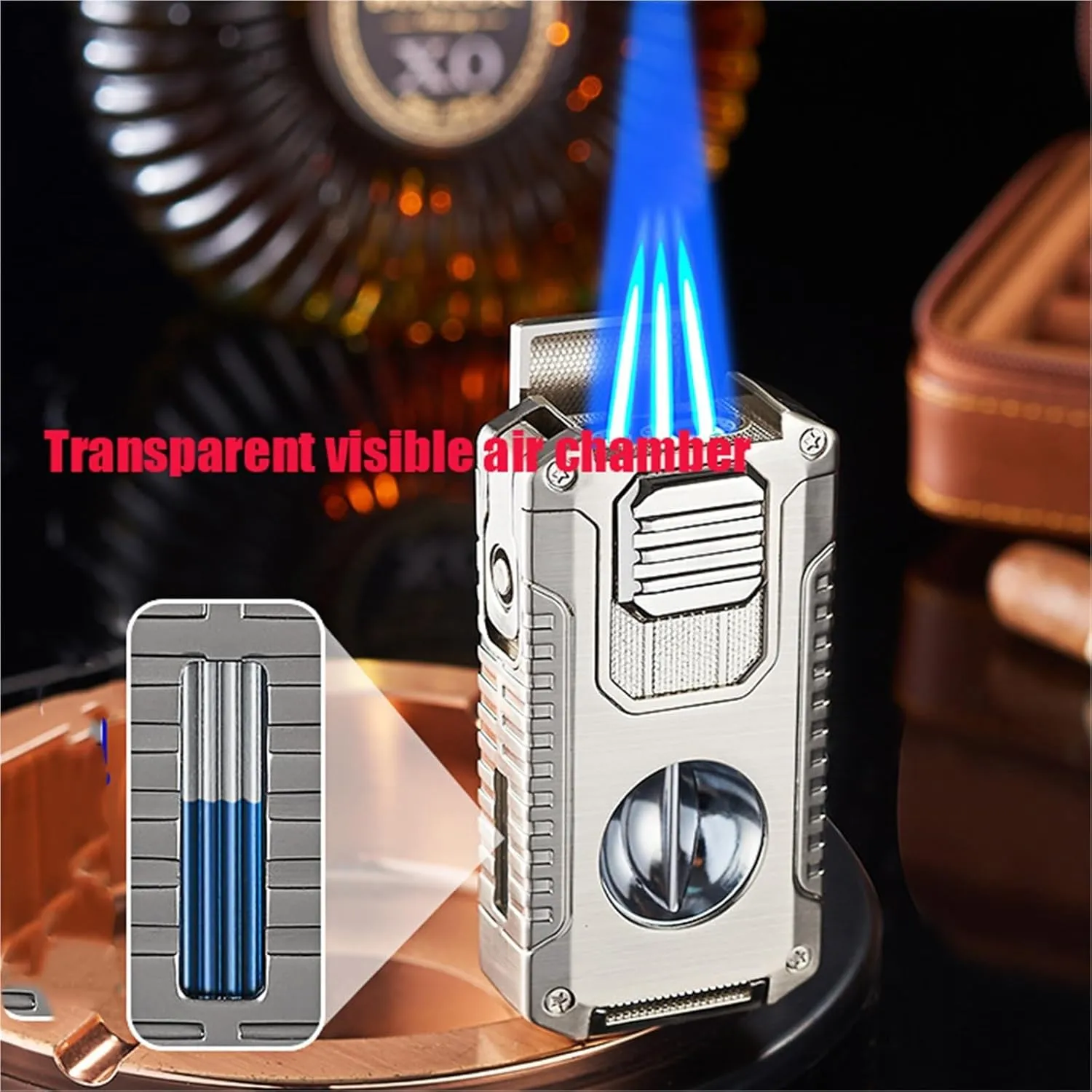 Metal Windproof Triple Flame Cigar Lighter, 5 in 1 Windproof Butane Lighter, Transparent Visible air Chamber, Suitable for Barbecue, Outdoor, Men's Gift(A)