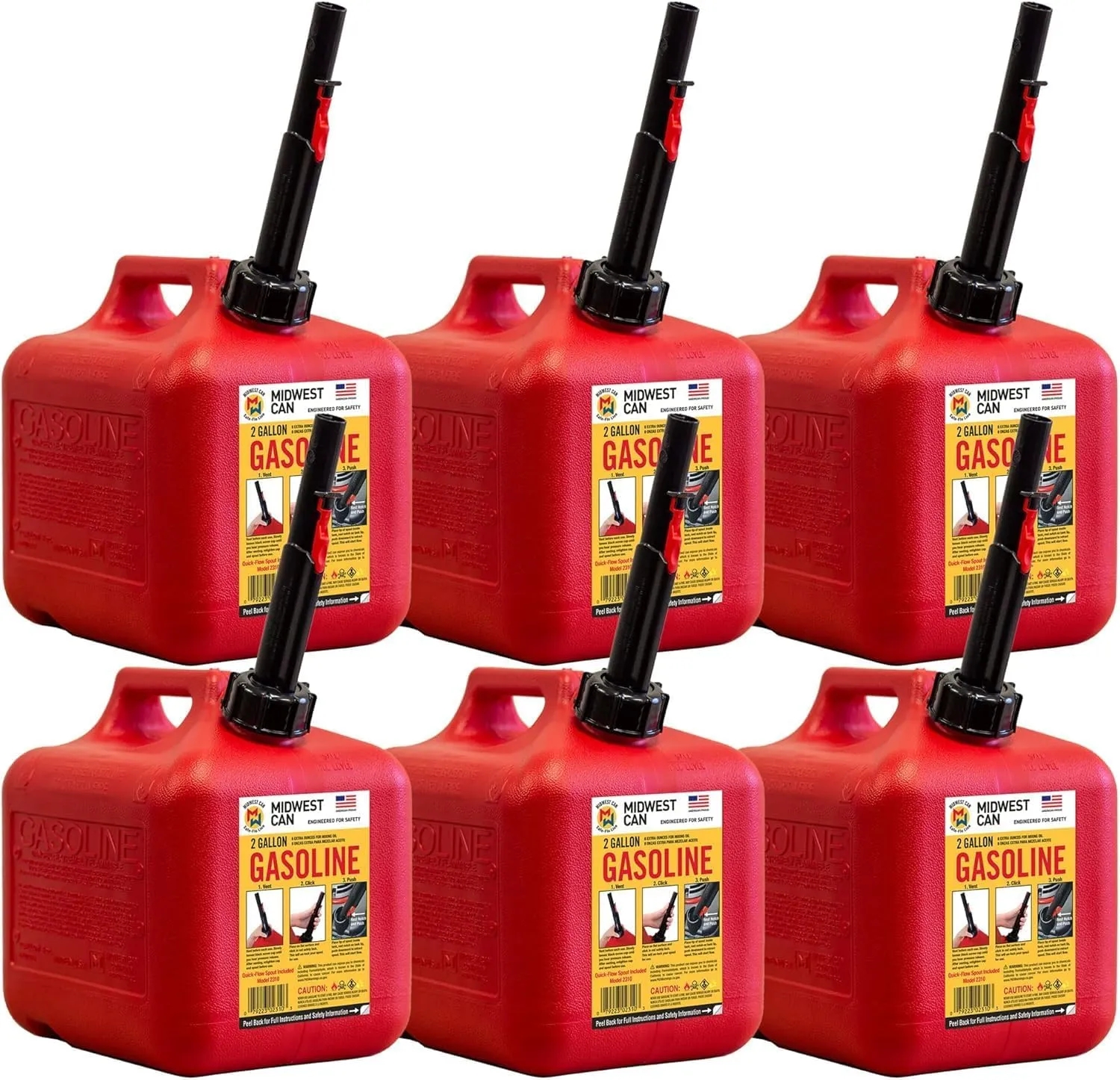 Midwest Can 2310 Safe-Flo Auto Shut Off 2 Gallon Gas Can – Durable Fuel Container with FlameShield Safety System & Quick-Flow Spout - Red - 6 Pack