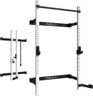 Mikolo 2" x 2" Folding Wall Mounted Squat Rack, 1000 Pounds Capacity Power Rack with Pull Up Bar, J Hooks and Other Attachments, Space-Saving Home Gym