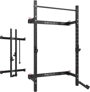 Mikolo 2" x 2" Folding Wall Mounted Squat Rack, 1000 Pounds Capacity Power Rack with Pull Up Bar, J Hooks and Other Attachments, Space-Saving Home Gym