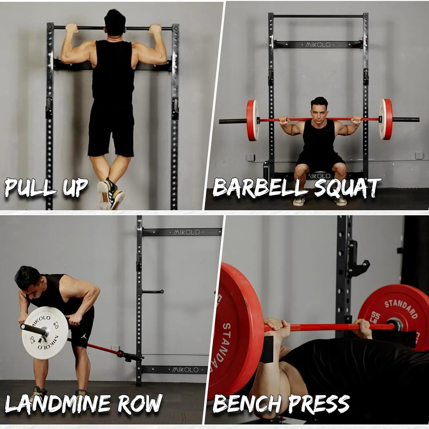 Mikolo 2" x 2" Folding Wall Mounted Squat Rack, 1000 Pounds Capacity Power Rack with Pull Up Bar, J Hooks and Other Attachments, Space-Saving Home Gym
