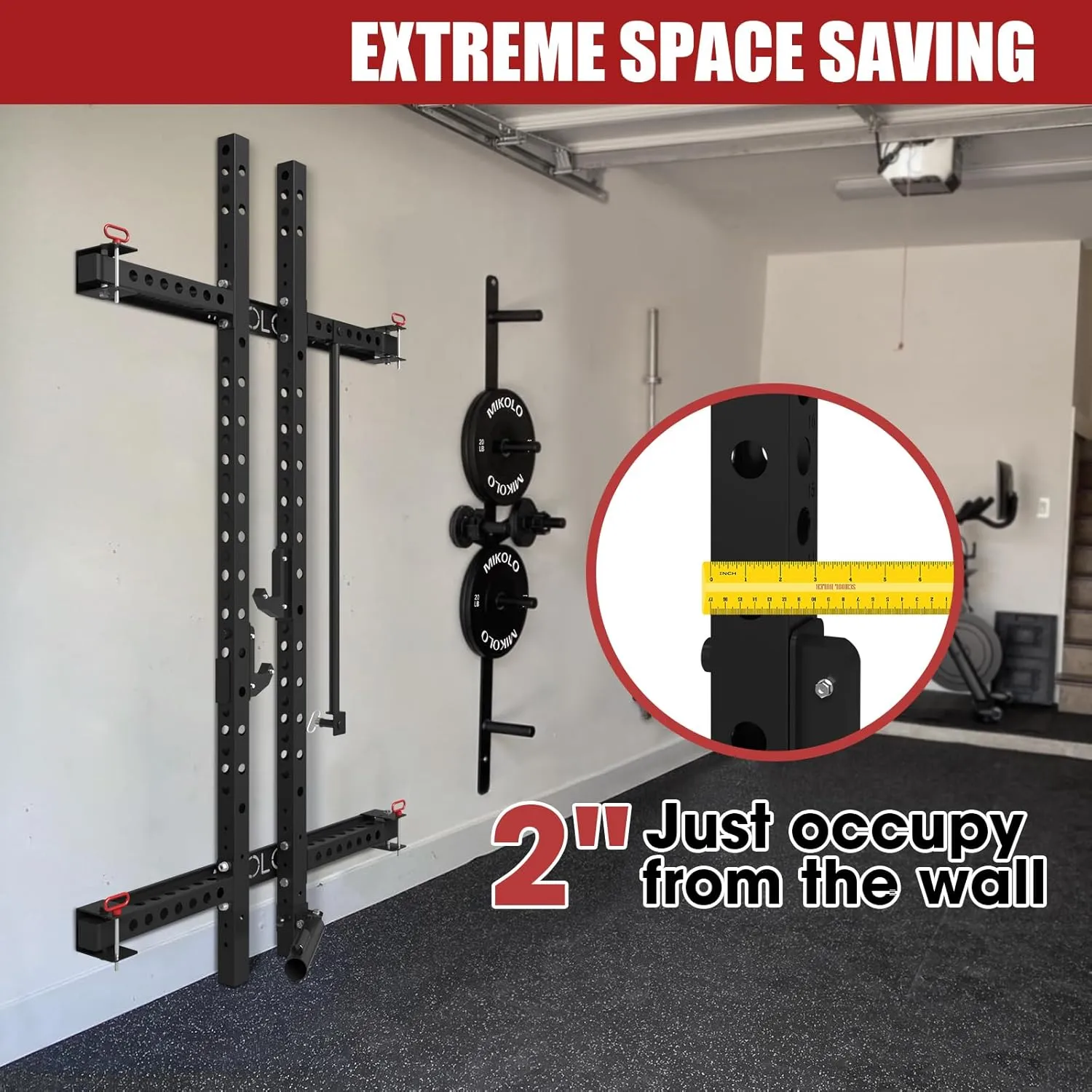 Mikolo 2" x 2" Folding Wall Mounted Squat Rack, 1000 Pounds Capacity Power Rack with Pull Up Bar, J Hooks and Other Attachments, Space-Saving Home Gym