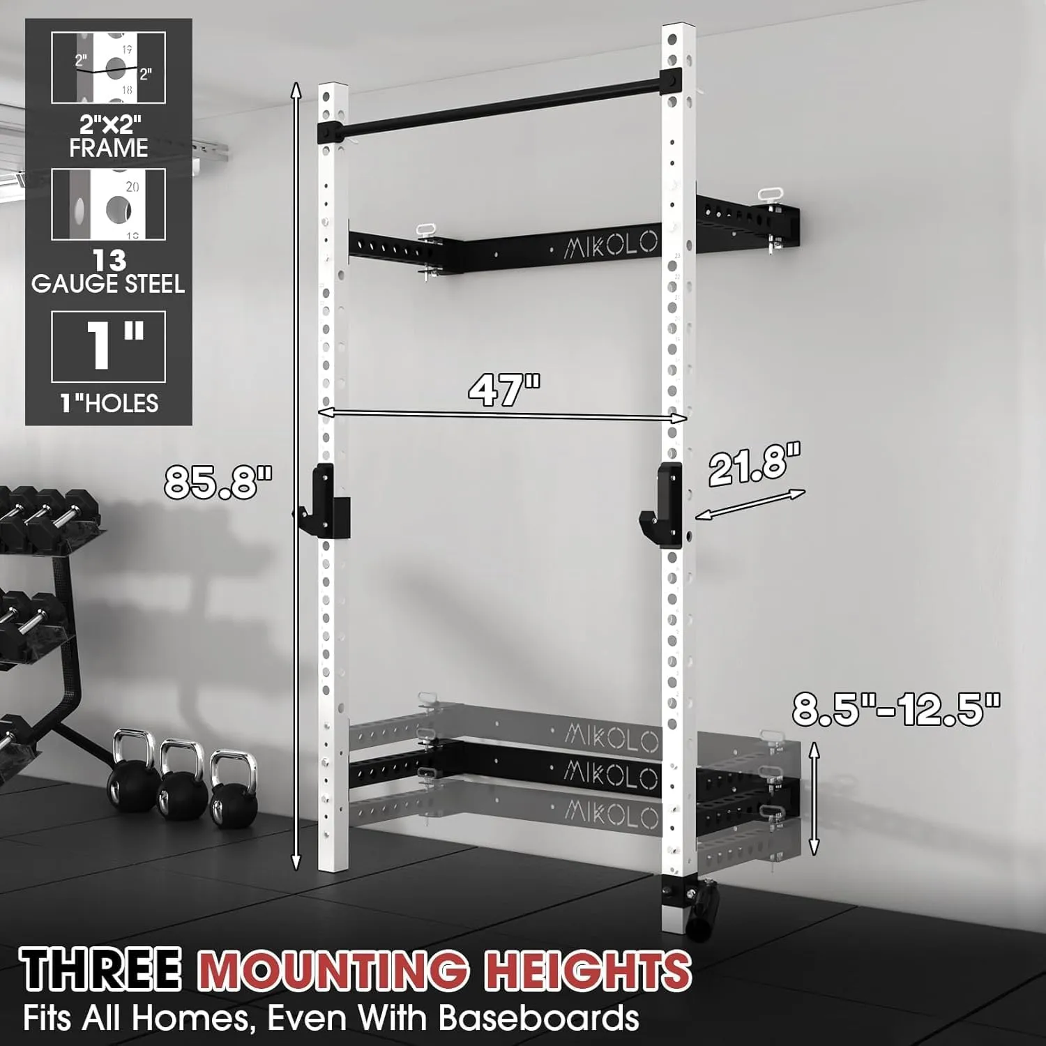 Mikolo 2" x 2" Folding Wall Mounted Squat Rack, 1000 Pounds Capacity Power Rack with Pull Up Bar, J Hooks and Other Attachments, Space-Saving Home Gym