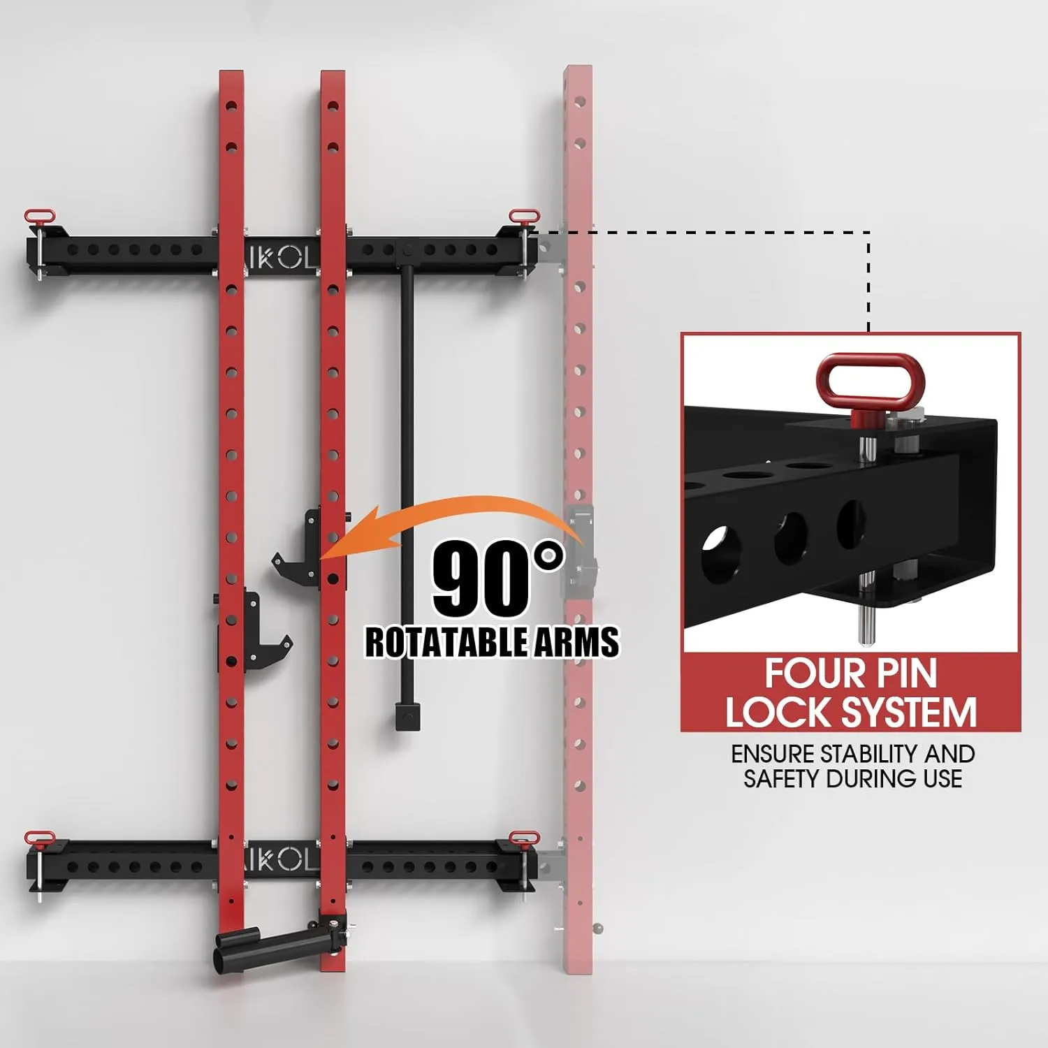 Mikolo 2" x 2" Folding Wall Mounted Squat Rack, 1000 Pounds Capacity Power Rack with Pull Up Bar, J Hooks and Other Attachments, Space-Saving Home Gym