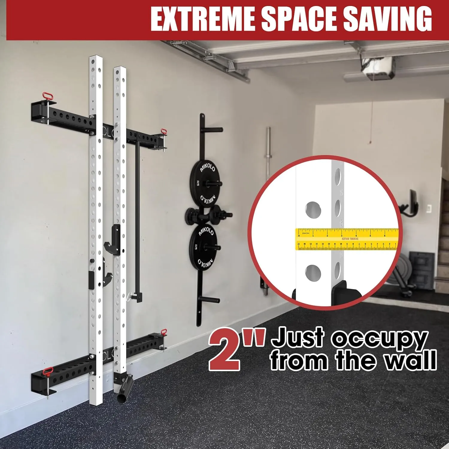 Mikolo 2" x 2" Folding Wall Mounted Squat Rack, 1000 Pounds Capacity Power Rack with Pull Up Bar, J Hooks and Other Attachments, Space-Saving Home Gym