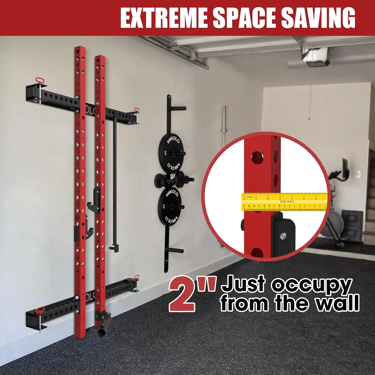 Mikolo 2" x 2" Folding Wall Mounted Squat Rack, 1000 Pounds Capacity Power Rack with Pull Up Bar, J Hooks and Other Attachments, Space-Saving Home Gym
