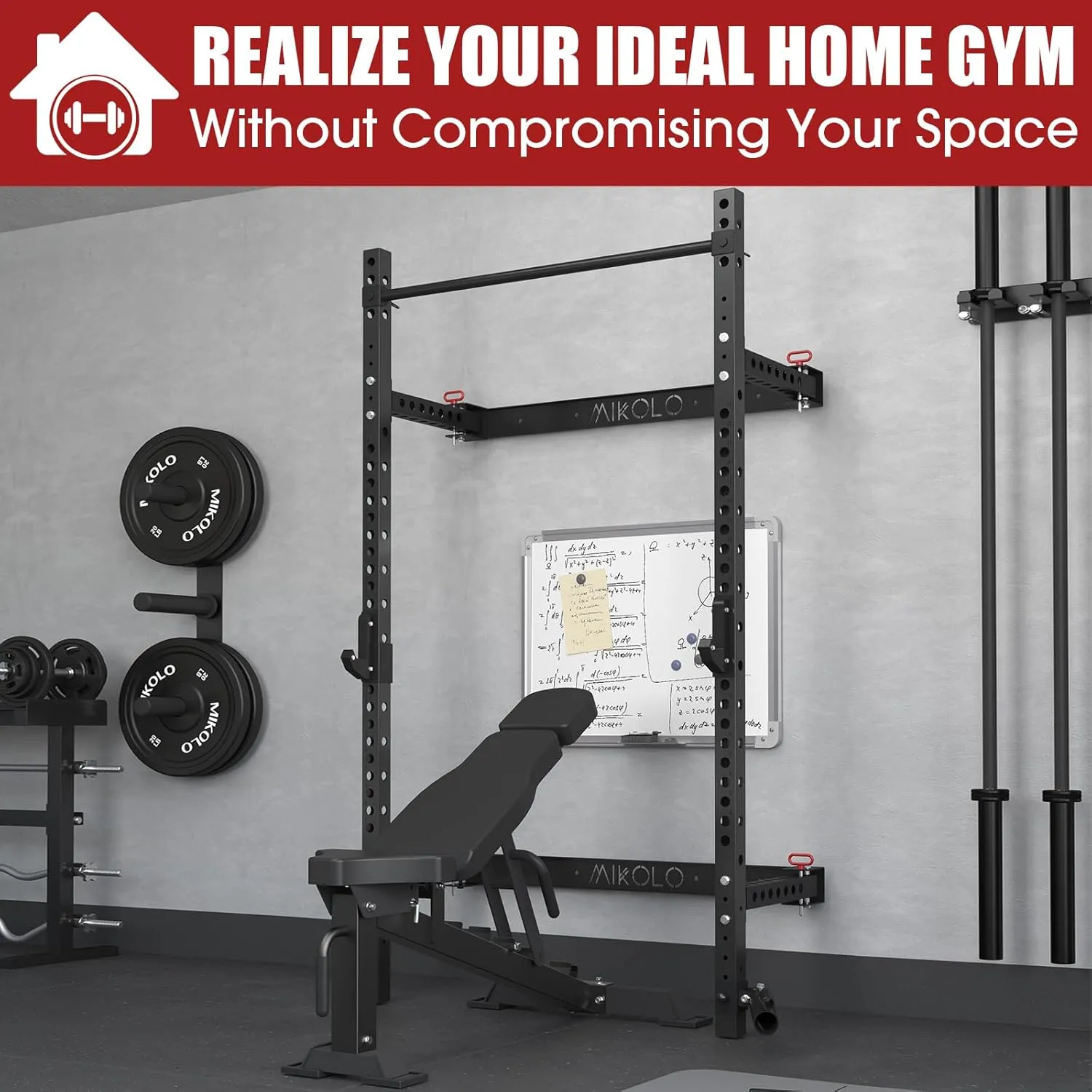 Mikolo 2" x 2" Folding Wall Mounted Squat Rack, 1000 Pounds Capacity Power Rack with Pull Up Bar, J Hooks and Other Attachments, Space-Saving Home Gym