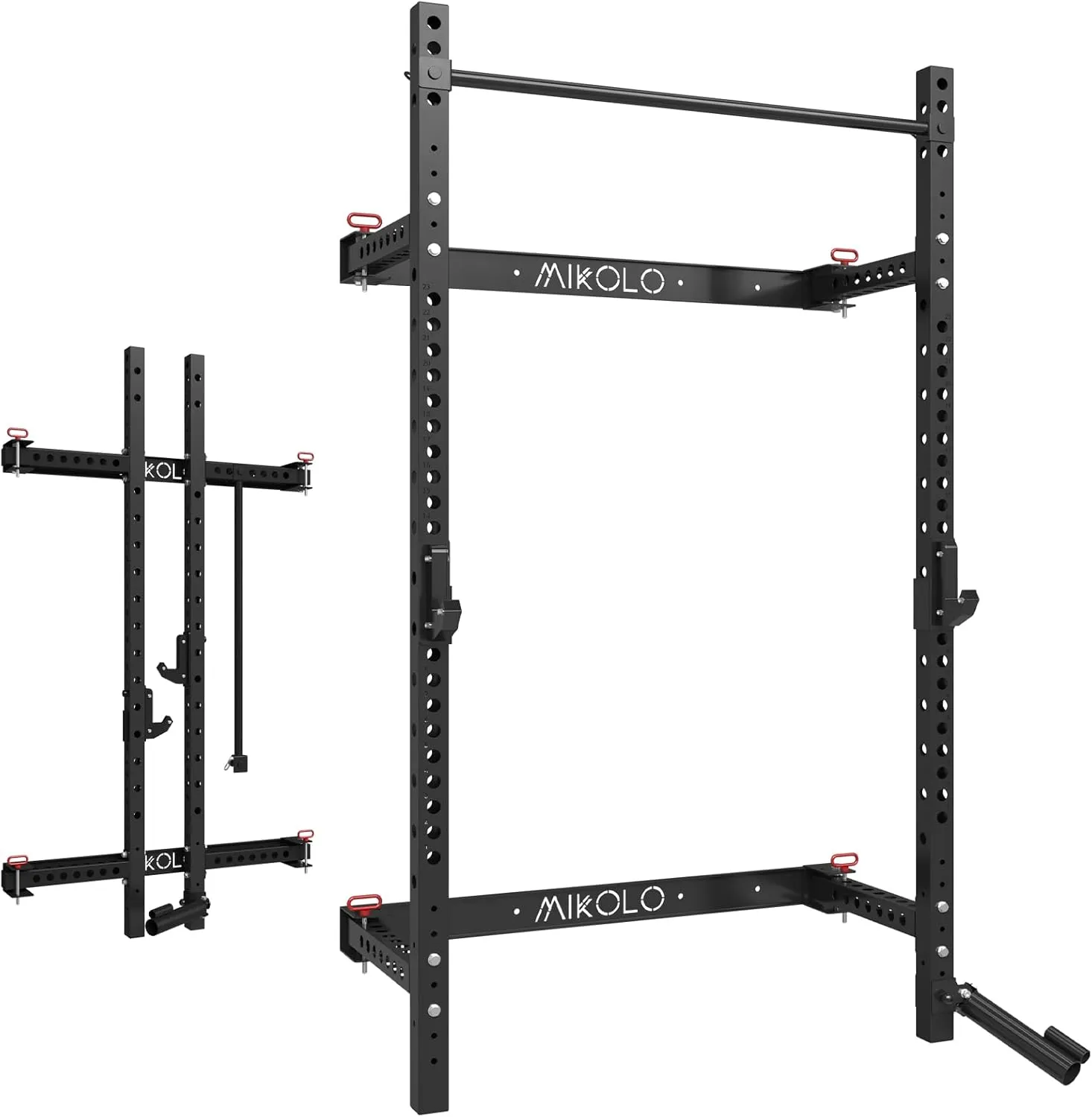 Mikolo 2" x 2" Folding Wall Mounted Squat Rack, 1000 Pounds Capacity Power Rack with Pull Up Bar, J Hooks and Other Attachments, Space-Saving Home Gym