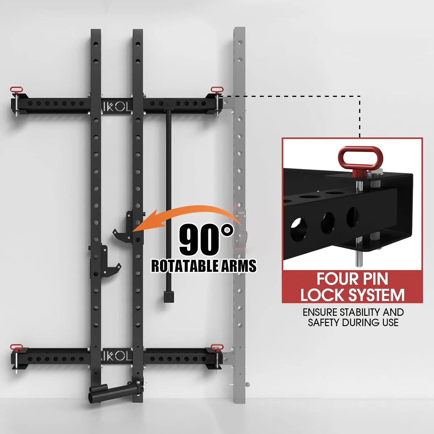 Mikolo 2" x 2" Folding Wall Mounted Squat Rack, 1000 Pounds Capacity Power Rack with Pull Up Bar, J Hooks and Other Attachments, Space-Saving Home Gym