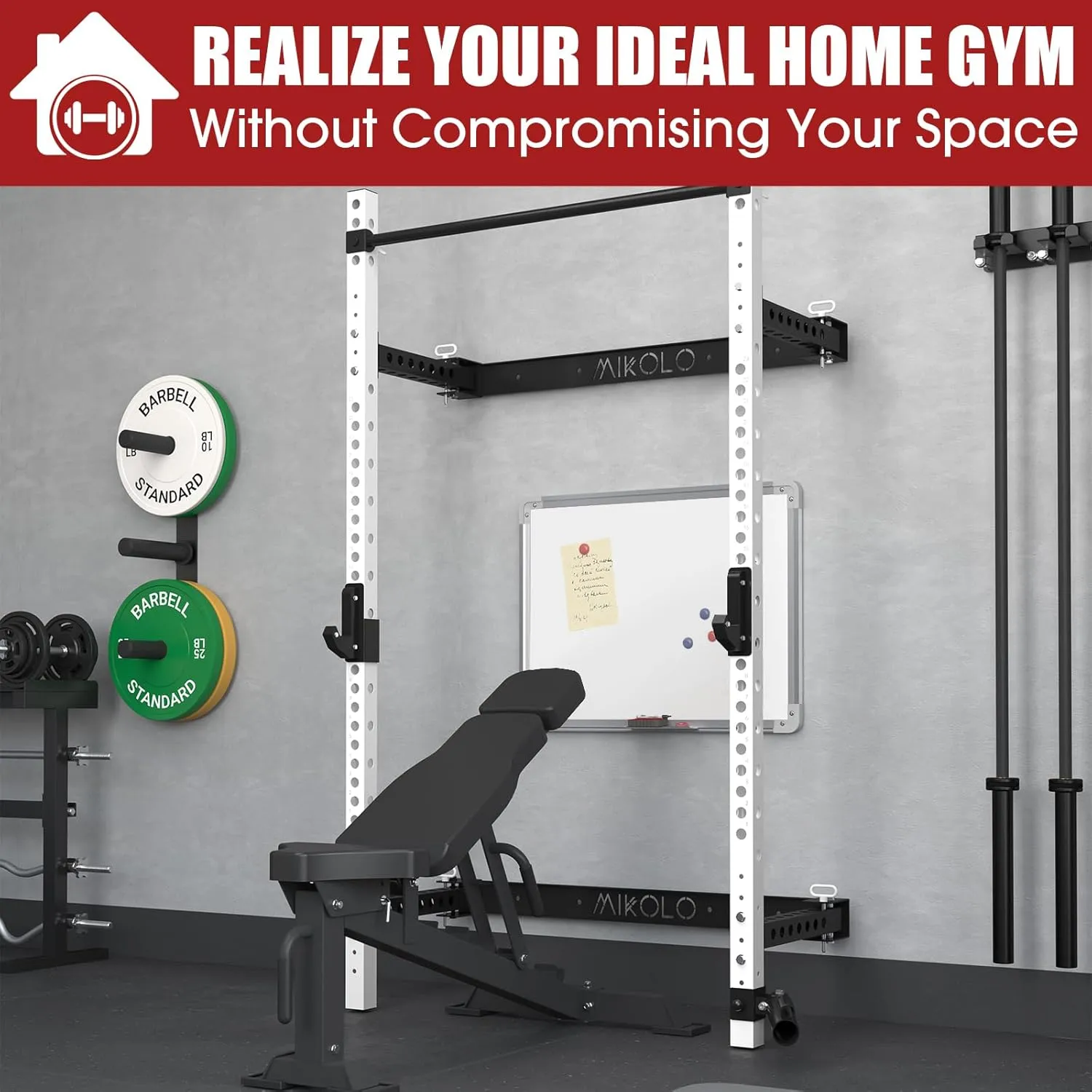 Mikolo 2" x 2" Folding Wall Mounted Squat Rack, 1000 Pounds Capacity Power Rack with Pull Up Bar, J Hooks and Other Attachments, Space-Saving Home Gym