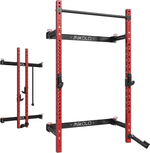 Mikolo 2" x 2" Folding Wall Mounted Squat Rack, 1000 Pounds Capacity Power Rack with Pull Up Bar, J Hooks and Other Attachments, Space-Saving Home Gym