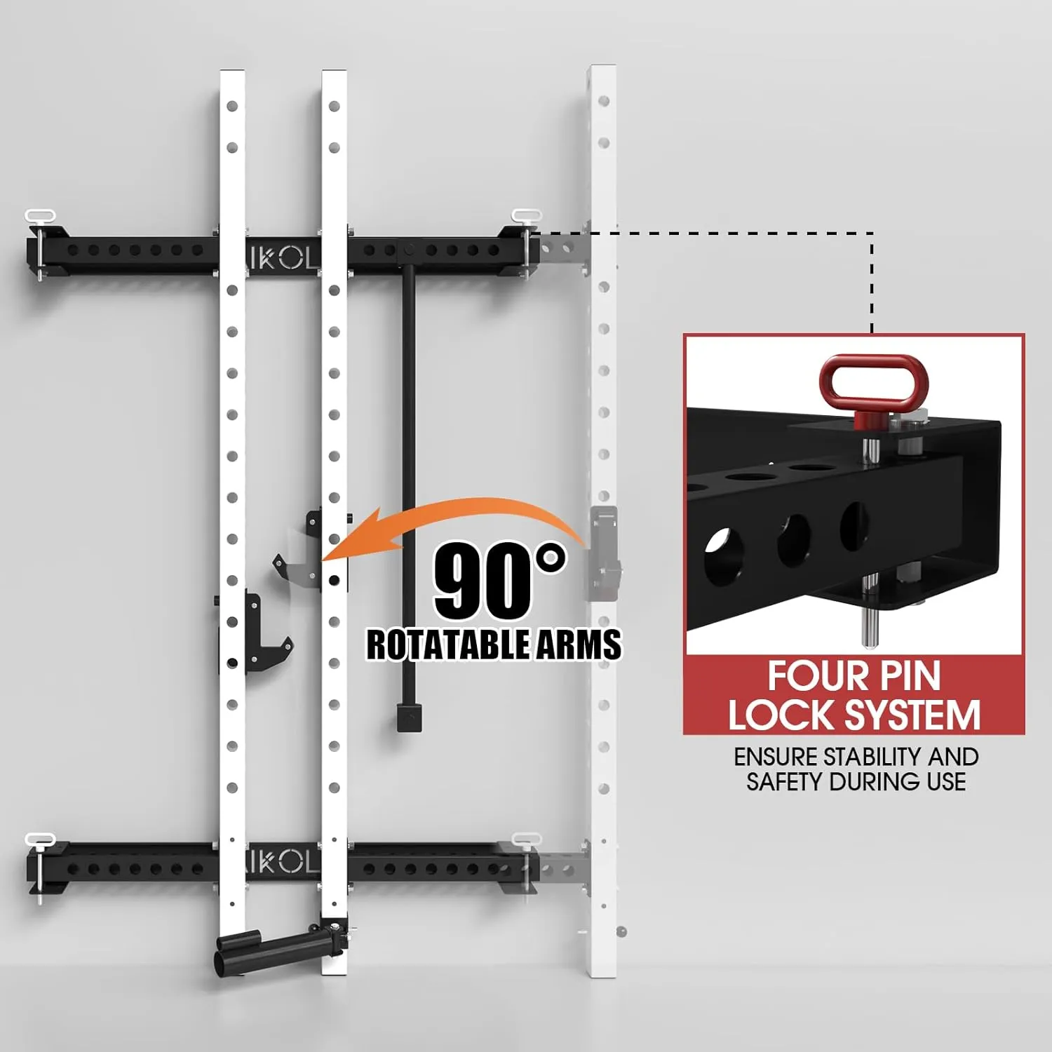 Mikolo 2" x 2" Folding Wall Mounted Squat Rack, 1000 Pounds Capacity Power Rack with Pull Up Bar, J Hooks and Other Attachments, Space-Saving Home Gym
