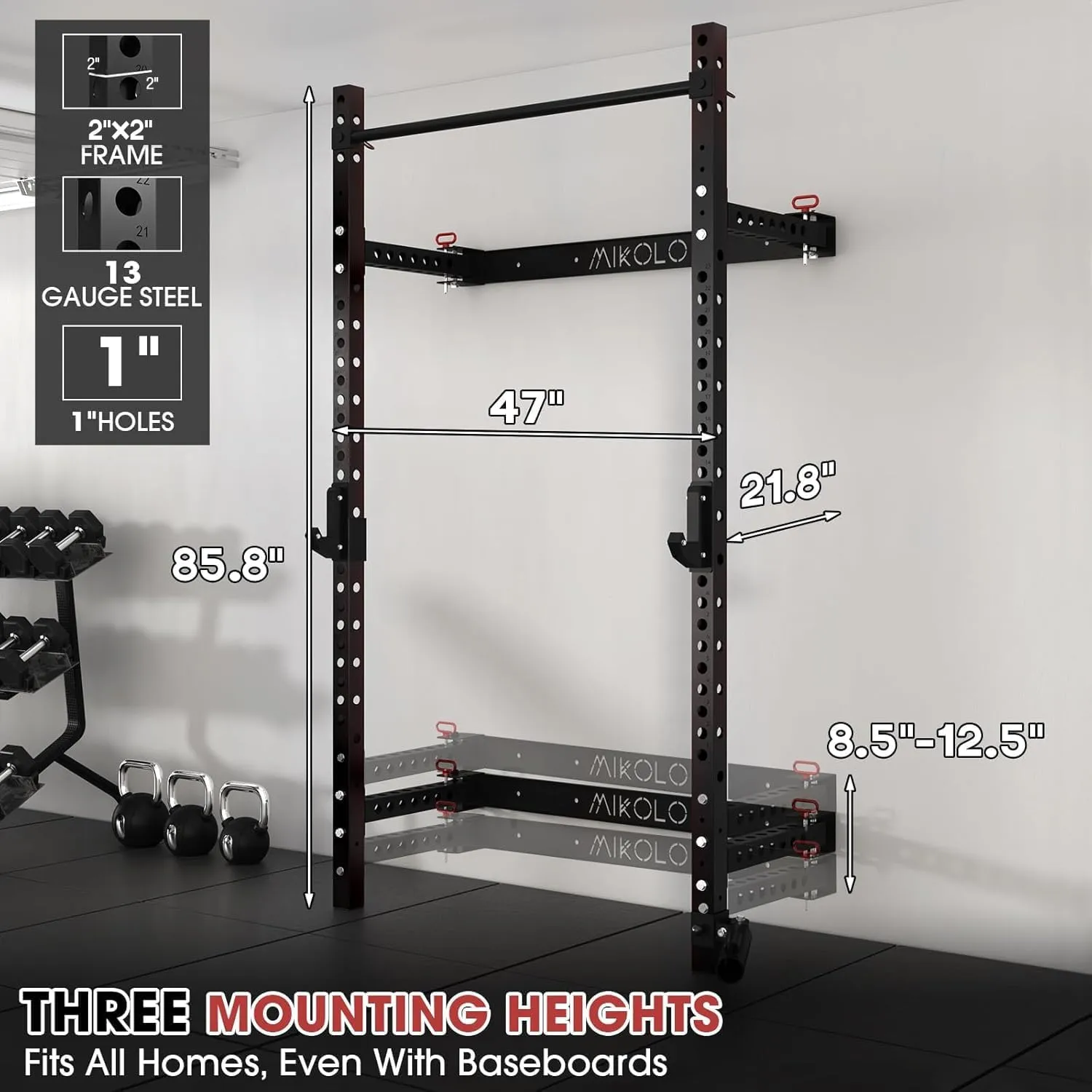 Mikolo 2" x 2" Folding Wall Mounted Squat Rack, 1000 Pounds Capacity Power Rack with Pull Up Bar, J Hooks and Other Attachments, Space-Saving Home Gym