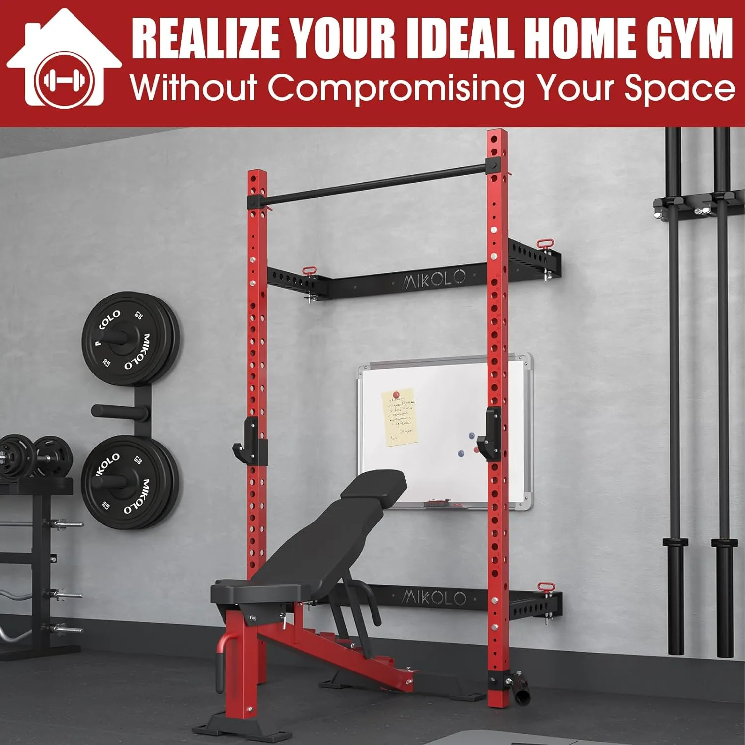 Mikolo 2" x 2" Folding Wall Mounted Squat Rack, 1000 Pounds Capacity Power Rack with Pull Up Bar, J Hooks and Other Attachments, Space-Saving Home Gym