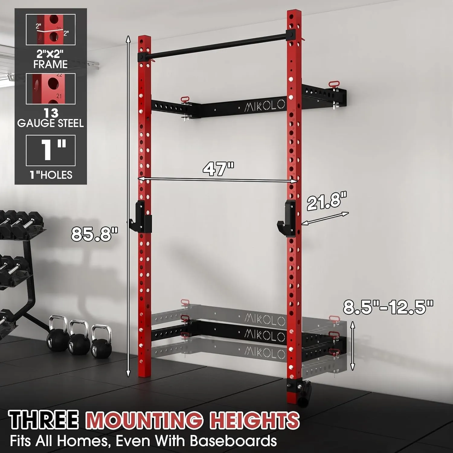 Mikolo 2" x 2" Folding Wall Mounted Squat Rack, 1000 Pounds Capacity Power Rack with Pull Up Bar, J Hooks and Other Attachments, Space-Saving Home Gym