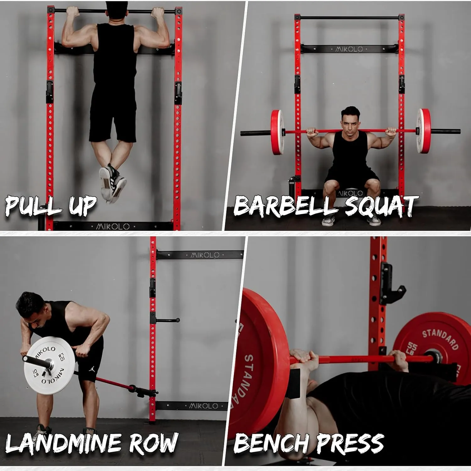 Mikolo 2" x 2" Folding Wall Mounted Squat Rack, 1000 Pounds Capacity Power Rack with Pull Up Bar, J Hooks and Other Attachments, Space-Saving Home Gym