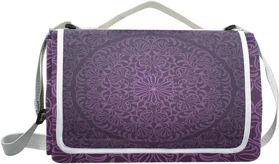 MNSRUU Picnic Blanket Waterproof Foldable, Vintage Mandala Pattern Large Outdoor Picnic Blanket Beach Blankets Camping Blanket Travel Mat, Shoulder Strap Tote, Rectangle 57x59in
