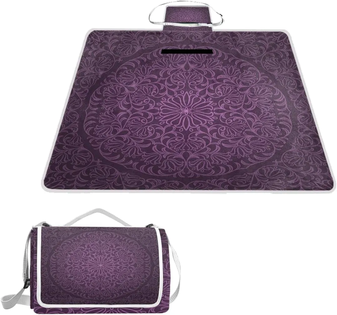 MNSRUU Picnic Blanket Waterproof Foldable, Vintage Mandala Pattern Large Outdoor Picnic Blanket Beach Blankets Camping Blanket Travel Mat, Shoulder Strap Tote, Rectangle 57x59in