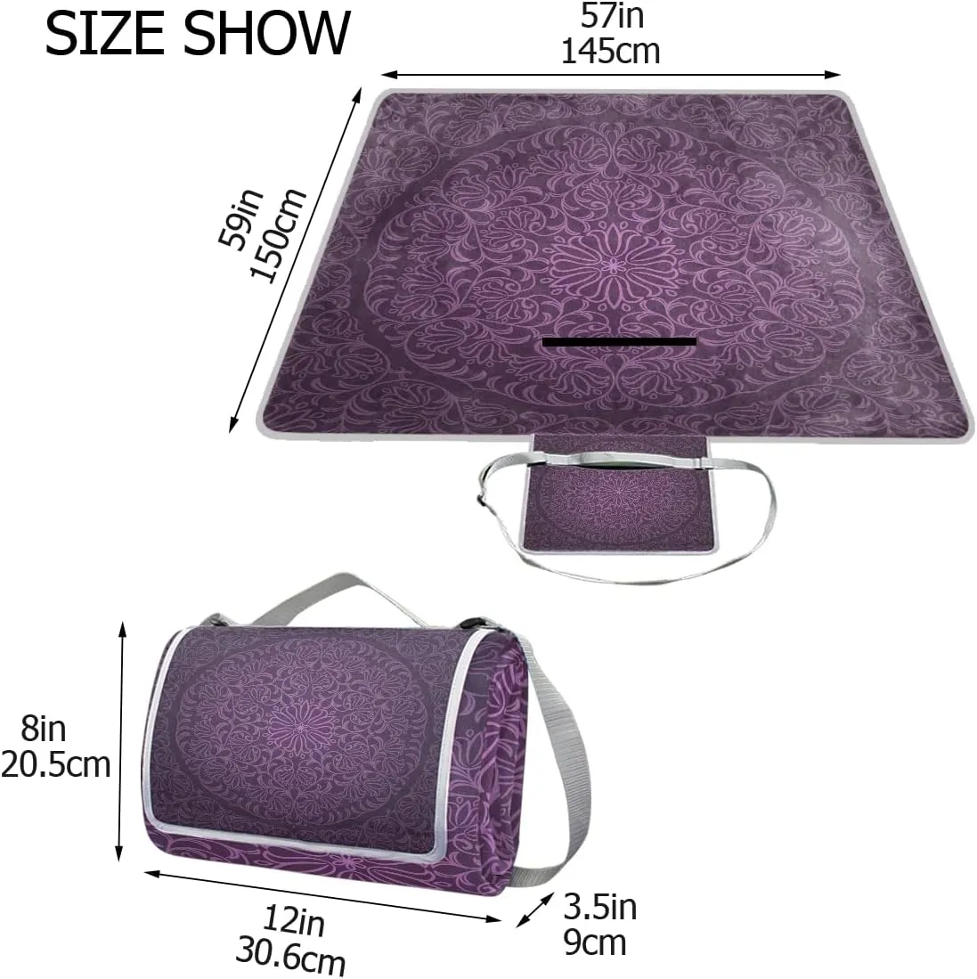 MNSRUU Picnic Blanket Waterproof Foldable, Vintage Mandala Pattern Large Outdoor Picnic Blanket Beach Blankets Camping Blanket Travel Mat, Shoulder Strap Tote, Rectangle 57x59in