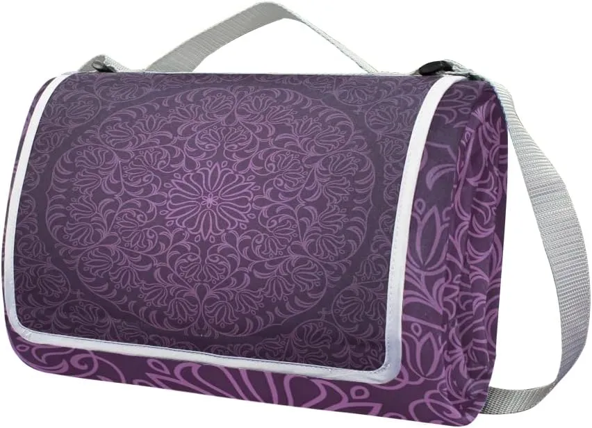 MNSRUU Picnic Blanket Waterproof Foldable, Vintage Mandala Pattern Large Outdoor Picnic Blanket Beach Blankets Camping Blanket Travel Mat, Shoulder Strap Tote, Rectangle 57x59in