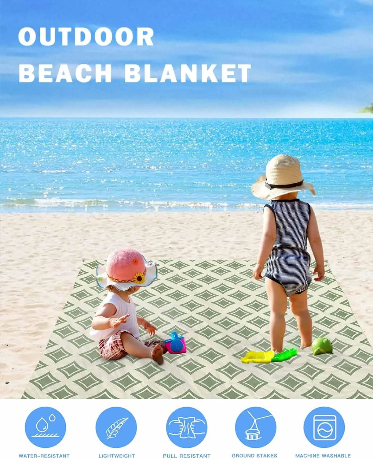 Modern Green Beach Blanket Large with Stakes Waterproof Sandproof,Foldable Beach Mat with Corner Pockets for Outdoor Travel Camping Hiking Picnic Essentials,Geometric Minimalist Spring Summer 95"x80"