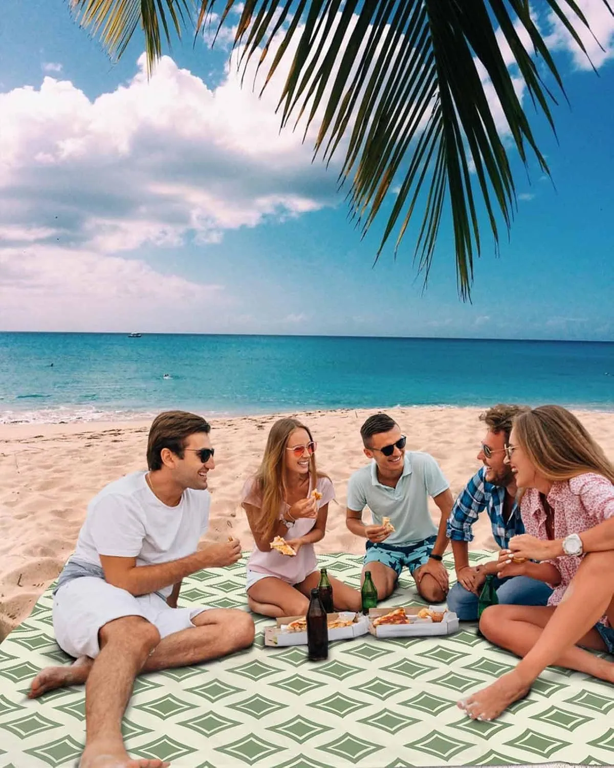 Modern Green Beach Blanket Large with Stakes Waterproof Sandproof,Foldable Beach Mat with Corner Pockets for Outdoor Travel Camping Hiking Picnic Essentials,Geometric Minimalist Spring Summer 95"x80"