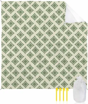Modern Green Beach Blanket Large with Stakes Waterproof Sandproof,Foldable Beach Mat with Corner Pockets for Outdoor Travel Camping Hiking Picnic Essentials,Geometric Minimalist Spring Summer 95"x80"
