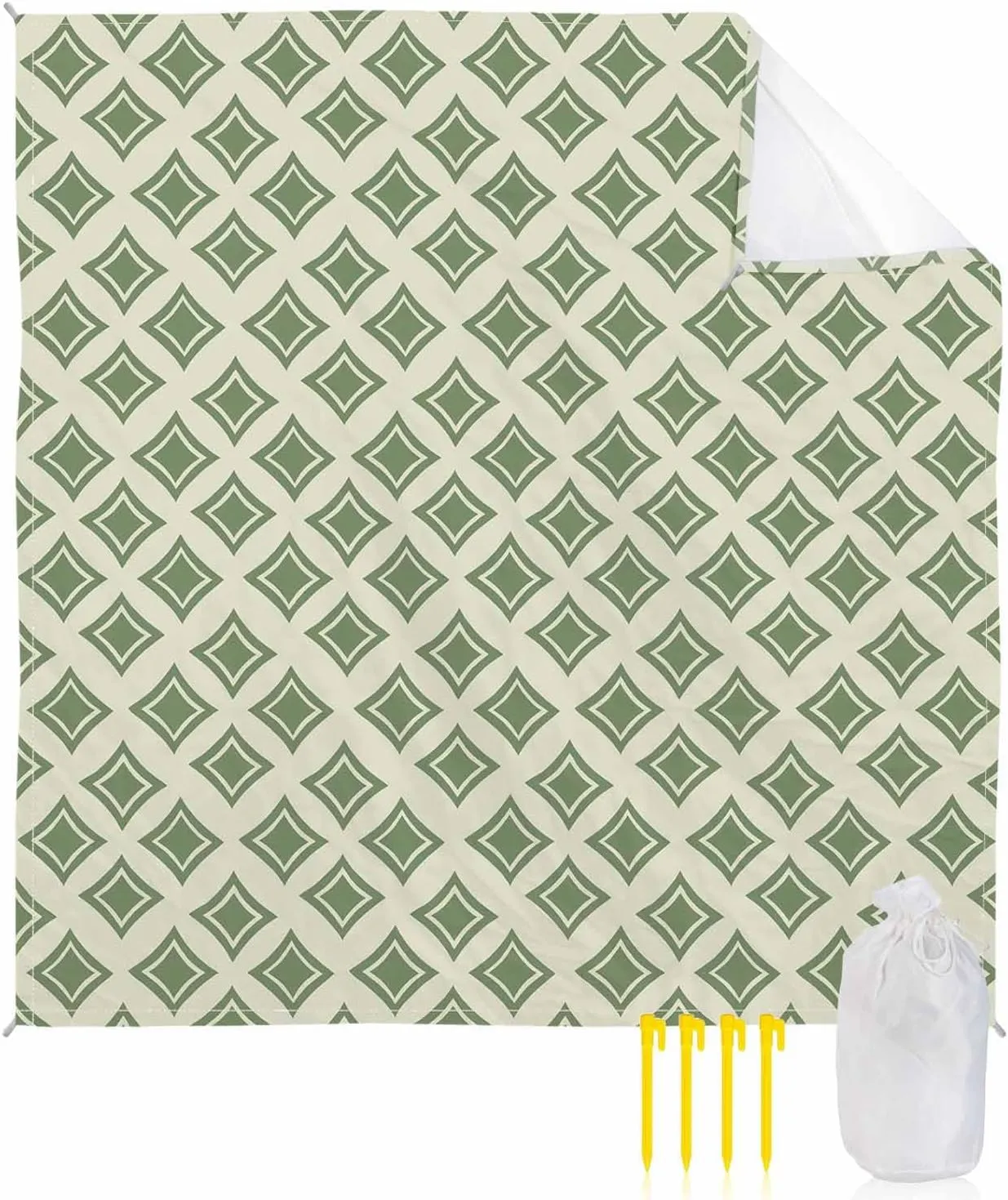 Modern Green Beach Blanket Large with Stakes Waterproof Sandproof,Foldable Beach Mat with Corner Pockets for Outdoor Travel Camping Hiking Picnic Essentials,Geometric Minimalist Spring Summer 95"x80"