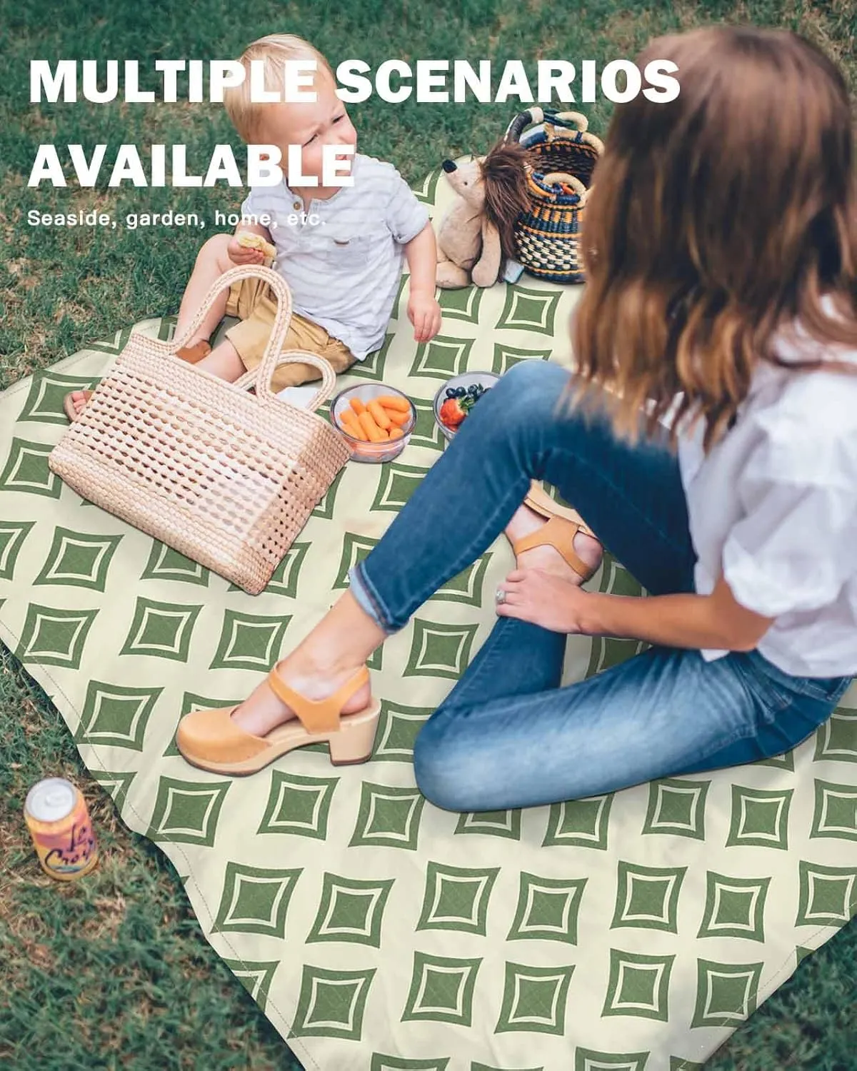 Modern Green Beach Blanket Large with Stakes Waterproof Sandproof,Foldable Beach Mat with Corner Pockets for Outdoor Travel Camping Hiking Picnic Essentials,Geometric Minimalist Spring Summer 95"x80"
