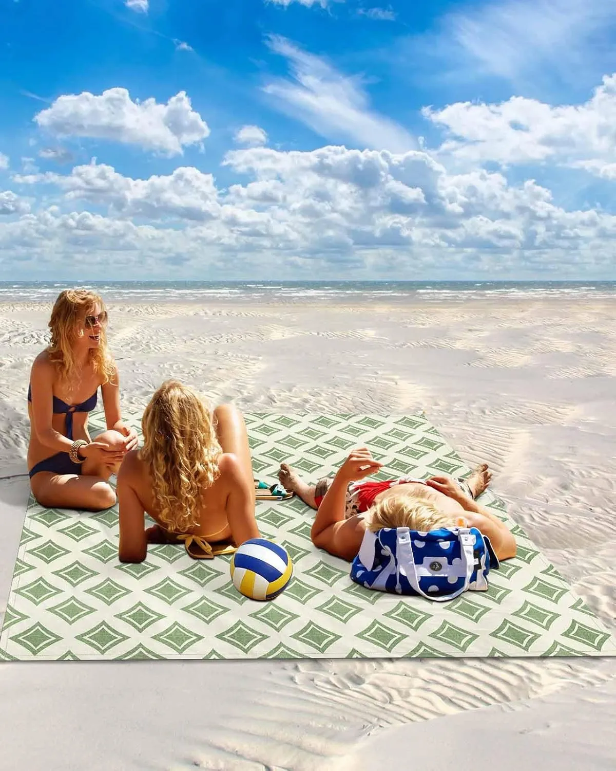 Modern Green Beach Blanket Large with Stakes Waterproof Sandproof,Foldable Beach Mat with Corner Pockets for Outdoor Travel Camping Hiking Picnic Essentials,Geometric Minimalist Spring Summer 95"x80"