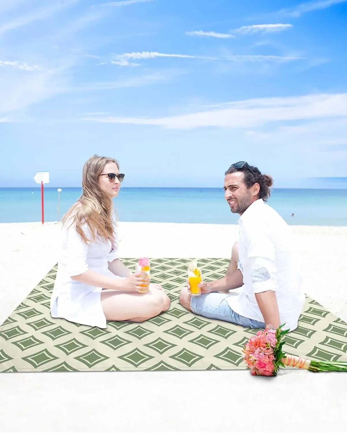 Modern Green Beach Blanket Large with Stakes Waterproof Sandproof,Foldable Beach Mat with Corner Pockets for Outdoor Travel Camping Hiking Picnic Essentials,Geometric Minimalist Spring Summer 95"x80"