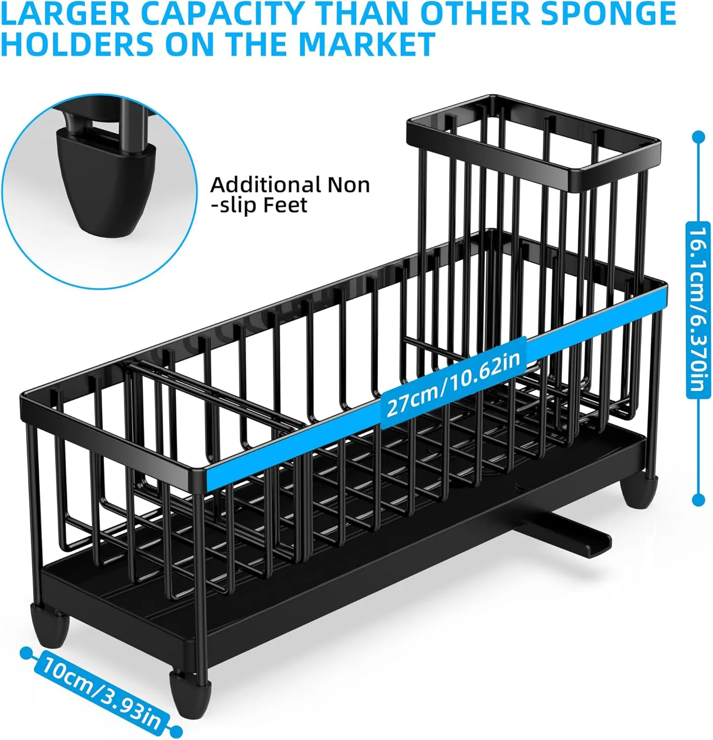 Moforoco Extra Large Kitchen Sink Caddy, Rustproof Sponge Holder for Kitchen Sink with High Brush Holder, Stainless Steel Black Kitchen Caddy Sink Countertop Organizer, Sponge Caddy for Kitchen Sink